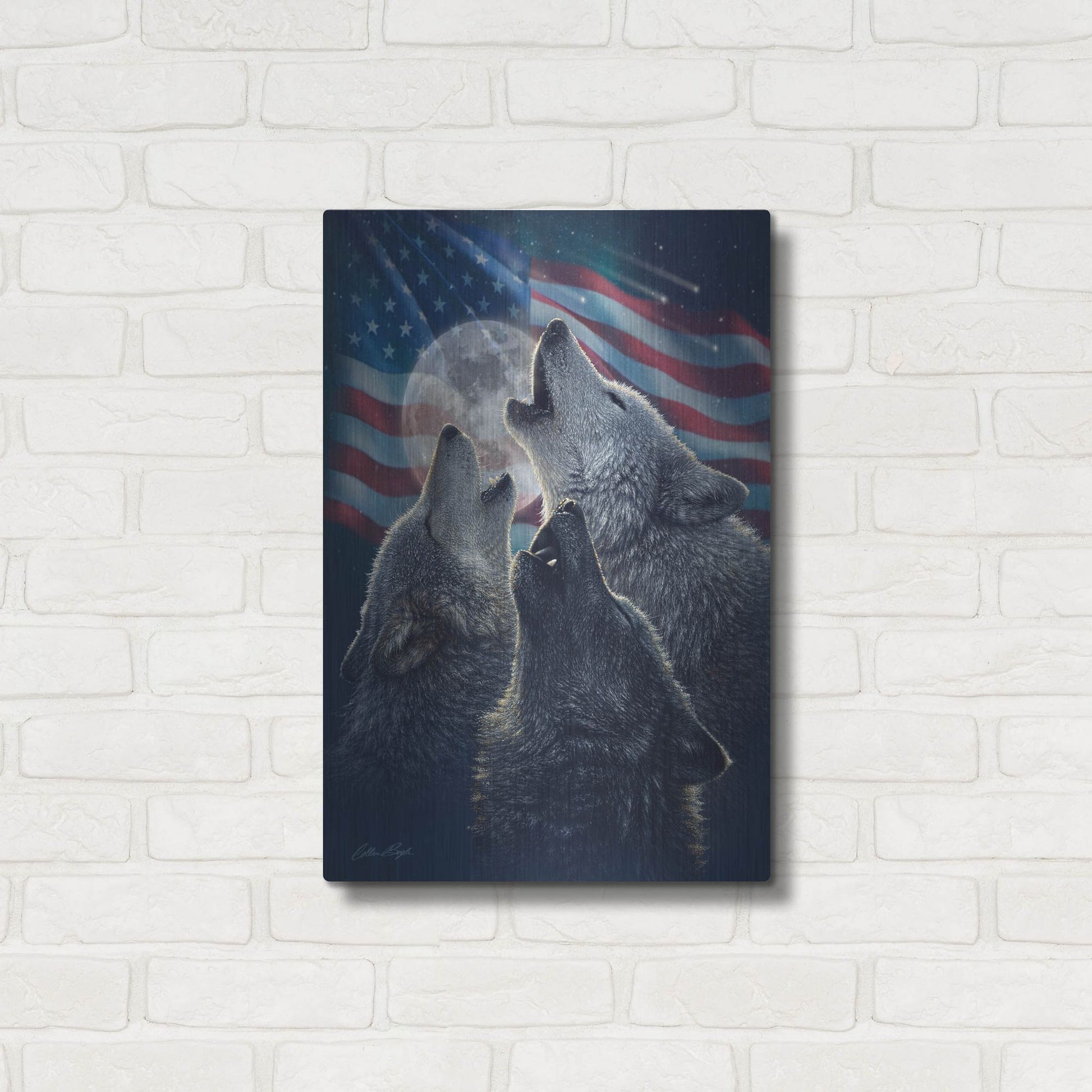 Luxe Metal Art 'Wolf Trinity Patriotic' by Collin Bogle, Metal Wall Art,16x24