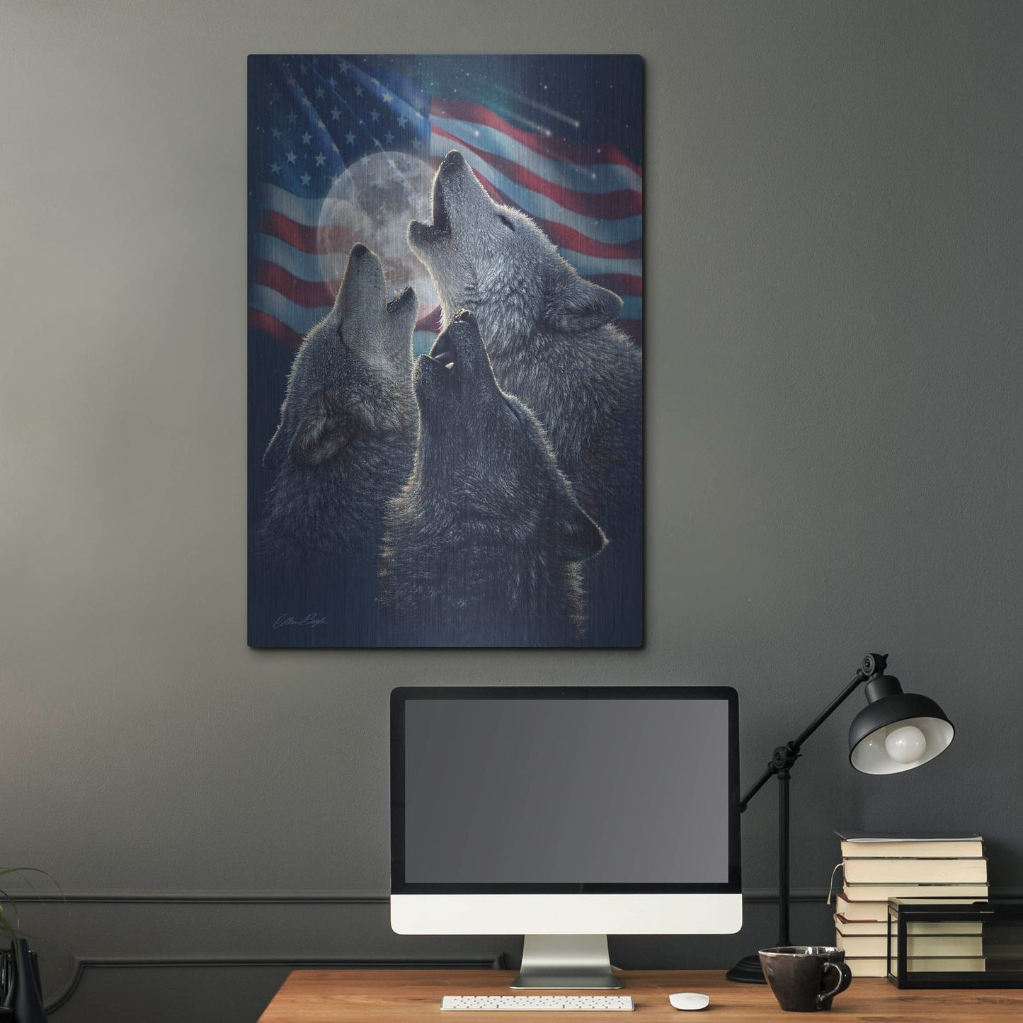 Luxe Metal Art 'Wolf Trinity Patriotic' by Collin Bogle, Metal Wall Art,24x36