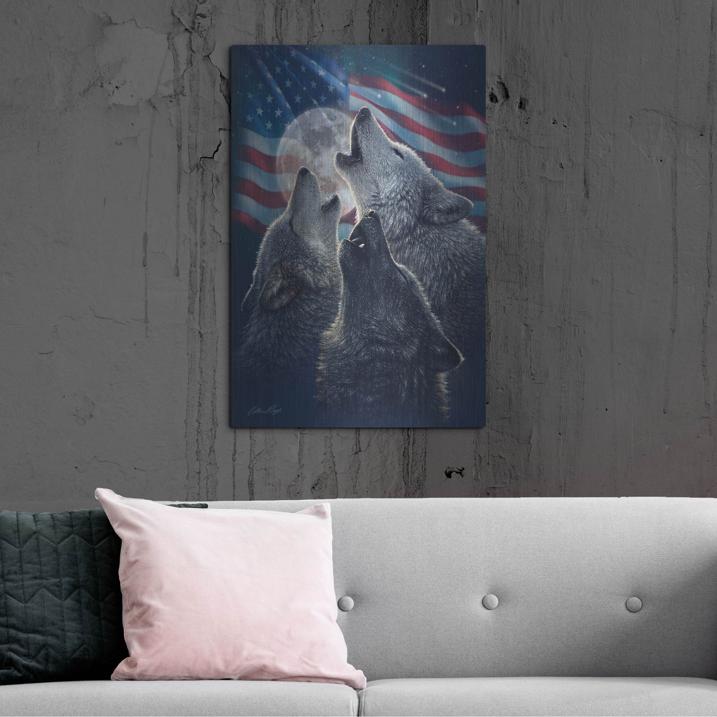 Luxe Metal Art 'Wolf Trinity Patriotic' by Collin Bogle, Metal Wall Art,24x36