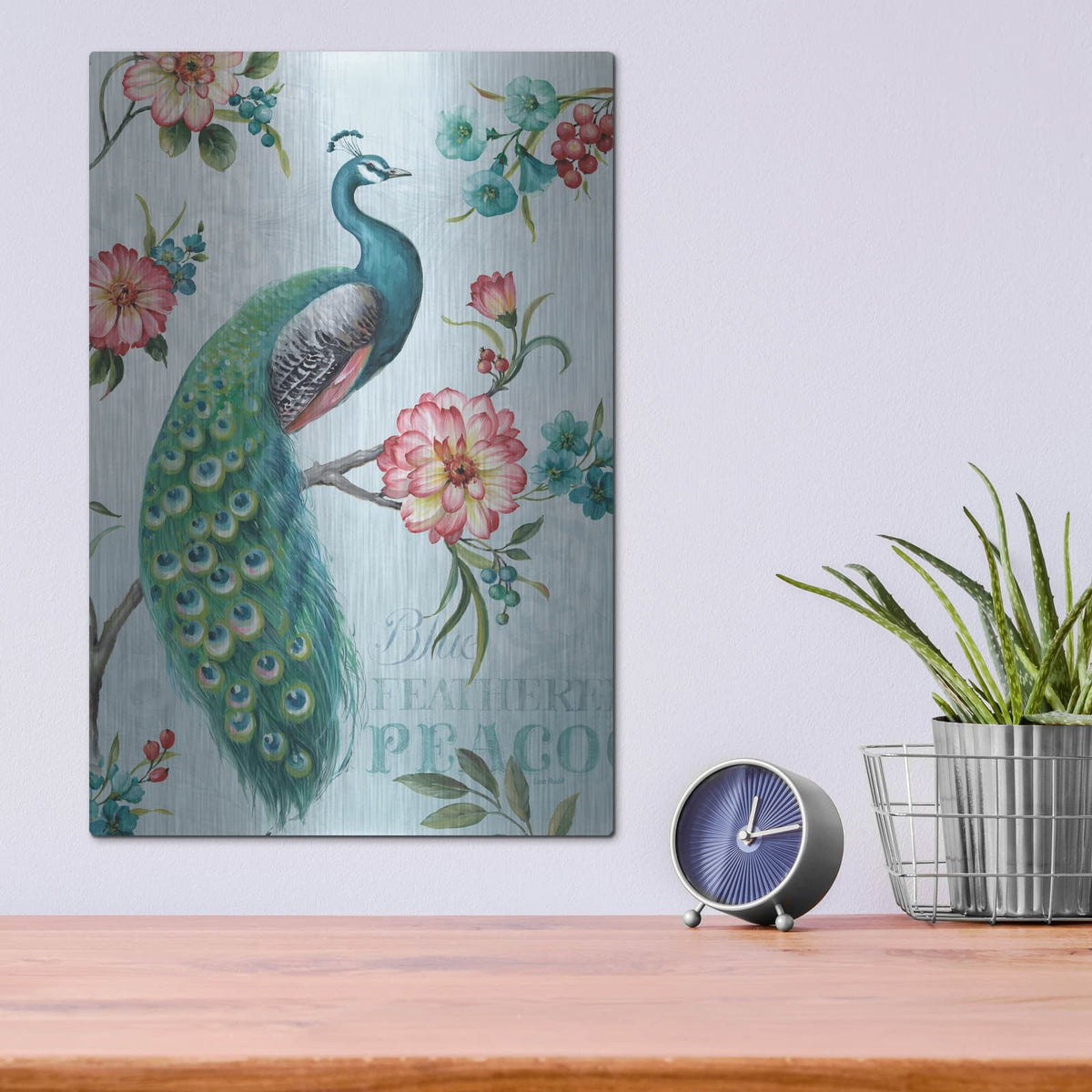 'Blue Feathered Peacock I' by Lisa Audit – Metal Wall Art, 12x16 room view