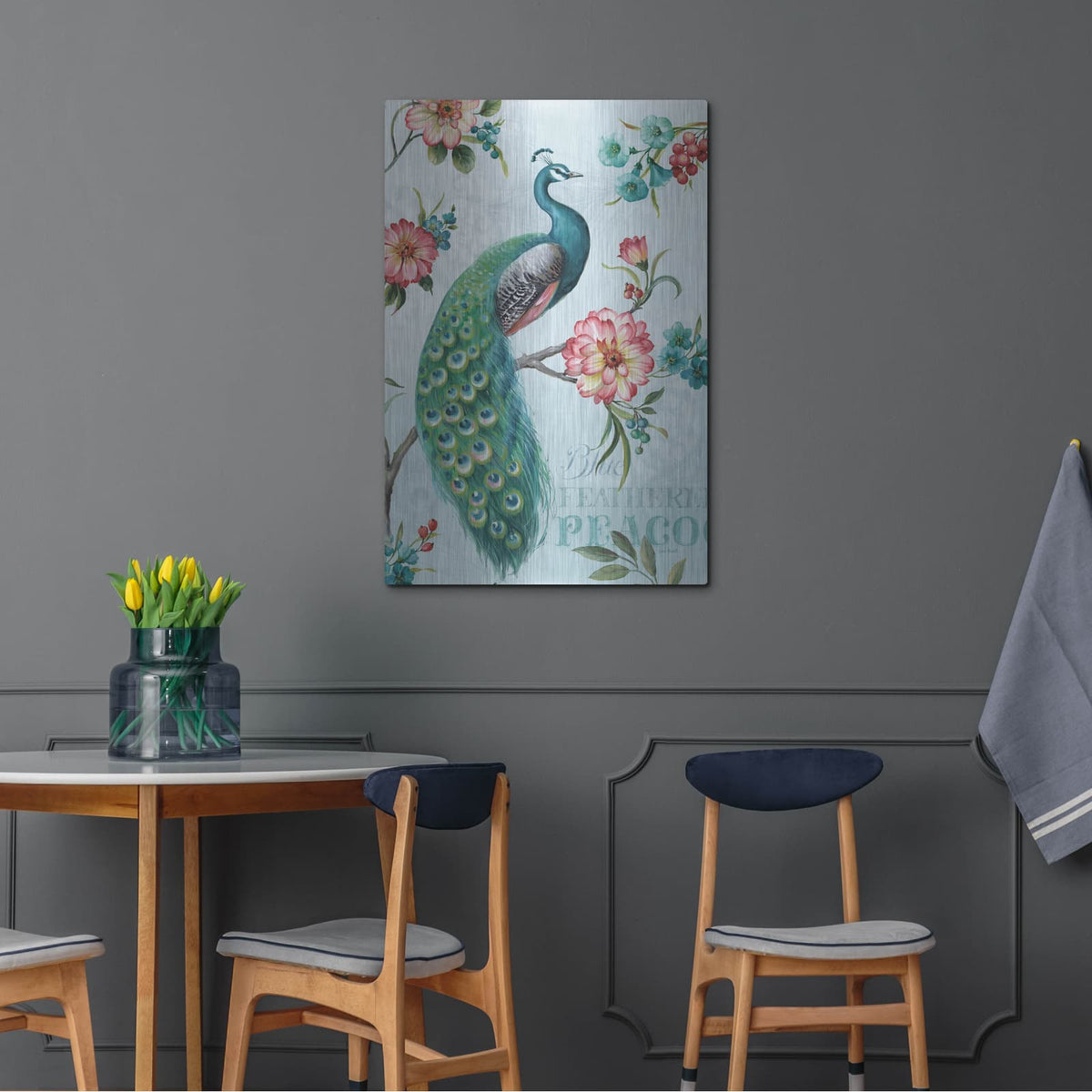'Blue Feathered Peacock I' by Lisa Audit – Metal Wall Art, 24x36 room view