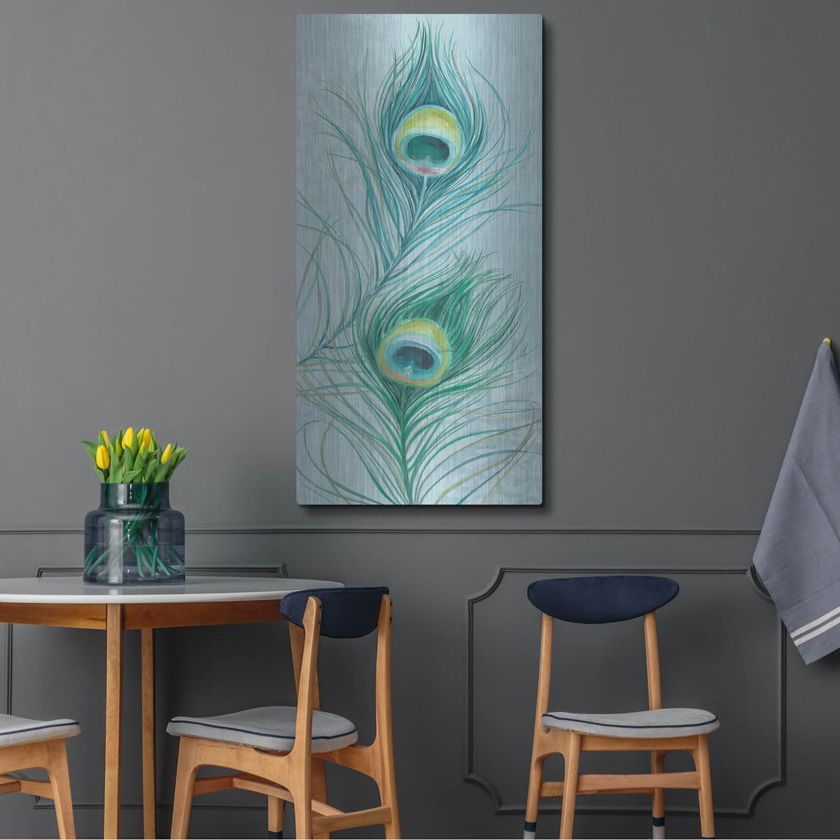 'Blue Feathered Peacock V' by Lisa Audit – Metal Wall Art, 24x48 room view