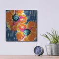 'Orange Poppies on Blue' by Linda Woods – Metal Wall Art, 12x12 room view