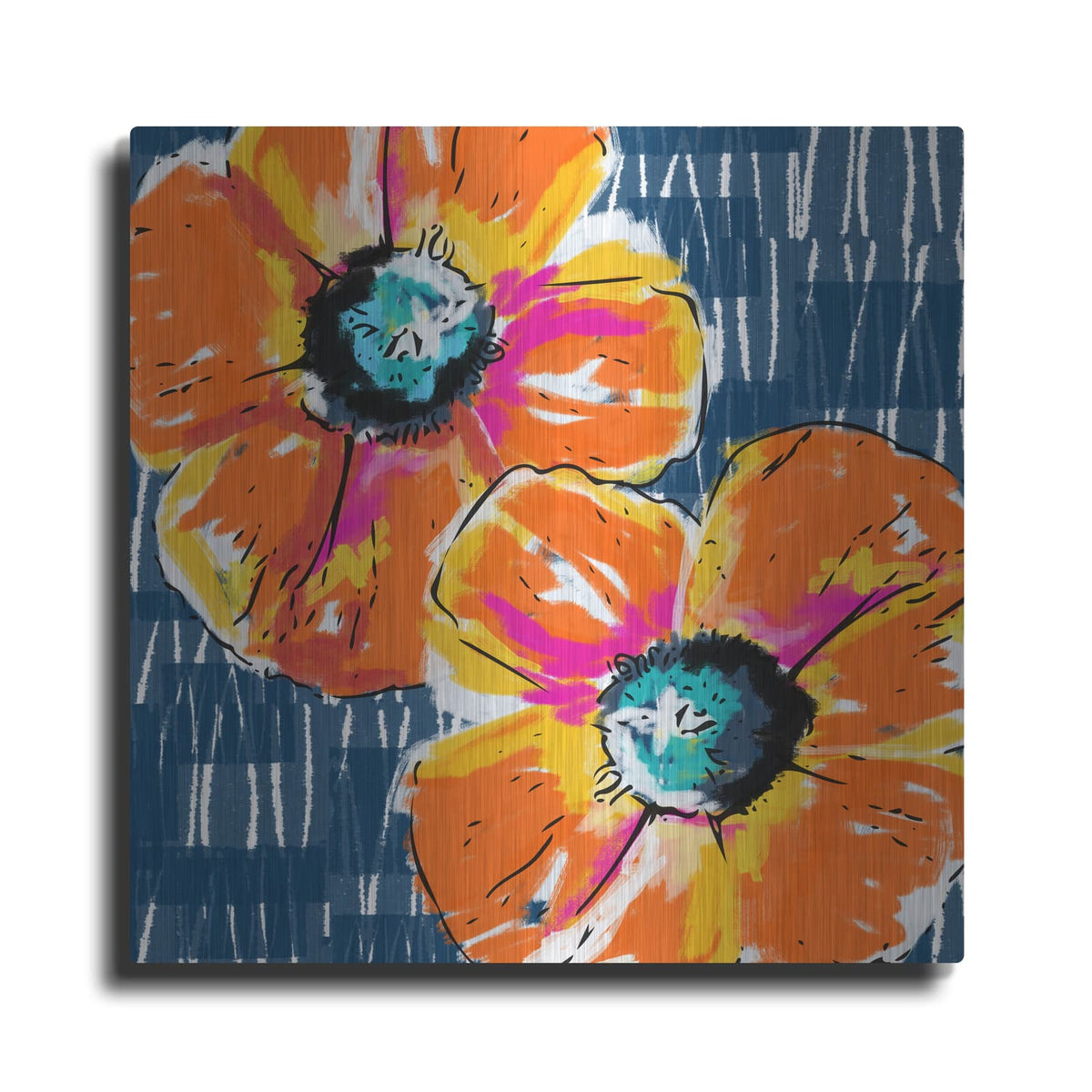 'Orange Poppies on Blue' by Linda Woods – Metal Wall Art
