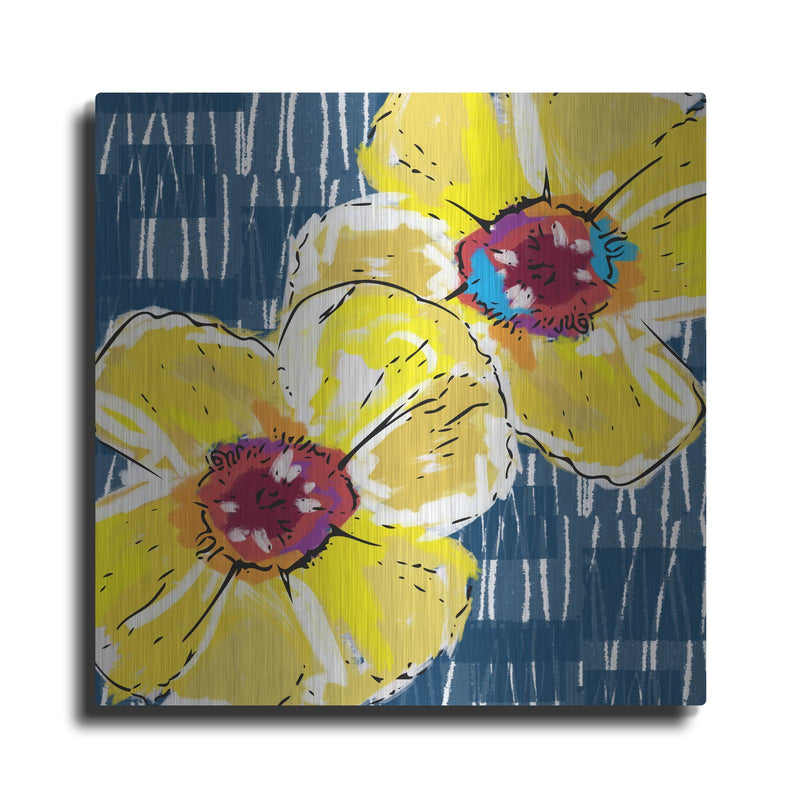 'Yellow Poppies on Blue' by Linda Woods – Metal Wall Art