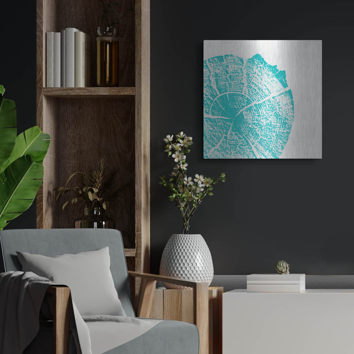 'Aqua Slice' by Linda Woods – Metal Wall Art, 24x24 room view