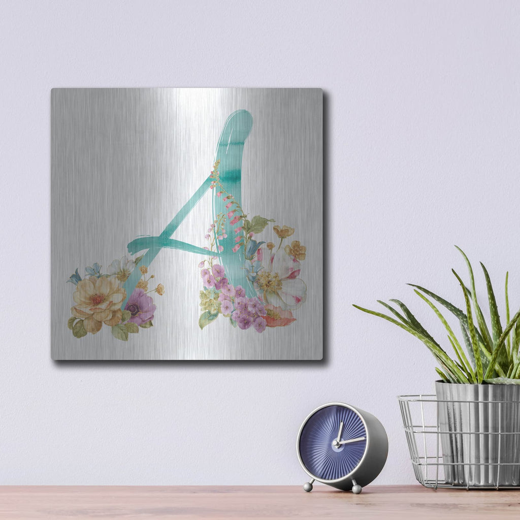 'Rainbow Seeds Monogram A' by Lisa Audit – Metal Wall Art, 12x12 room view
