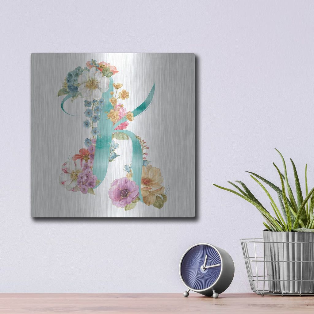 'Rainbow Seeds Monogram K' by Lisa Audit – Metal Wall Art, 12x12 room view