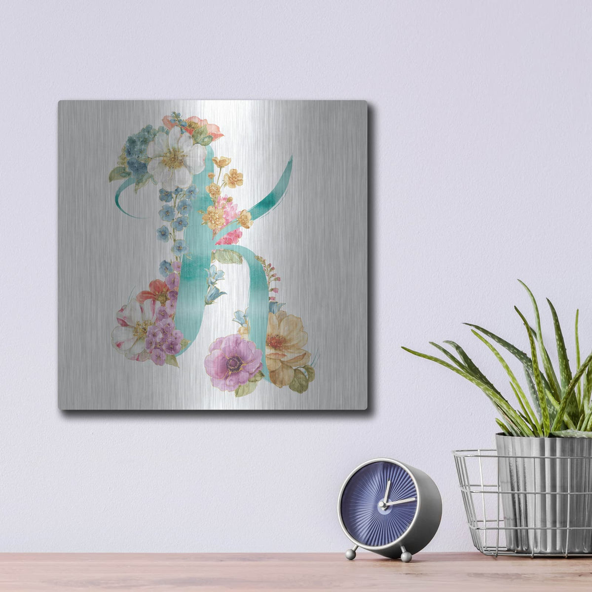 'Rainbow Seeds Monogram K' by Lisa Audit – Metal Wall Art, 12x12 room view