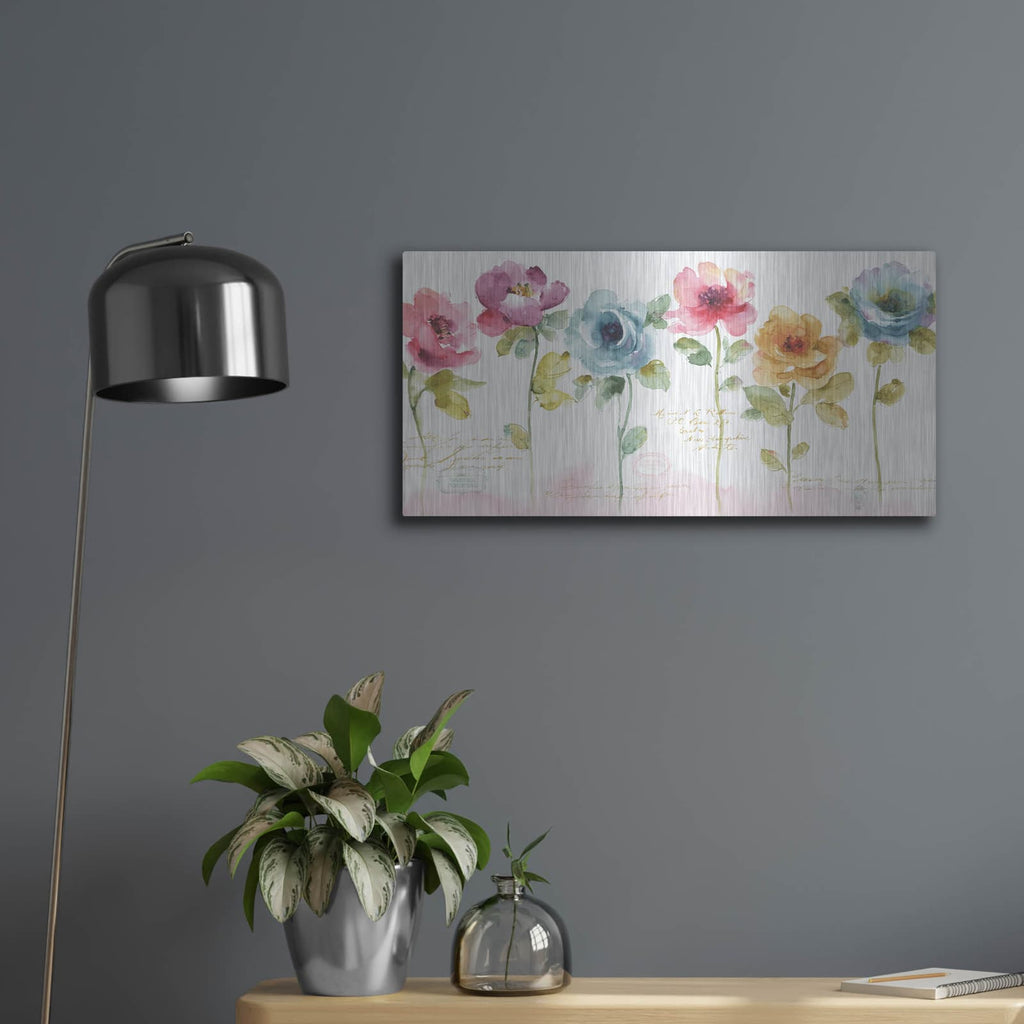 'Rainbow Seeds Loose Floral V' by Lisa Audit – Metal Wall Art, 24x12 room view