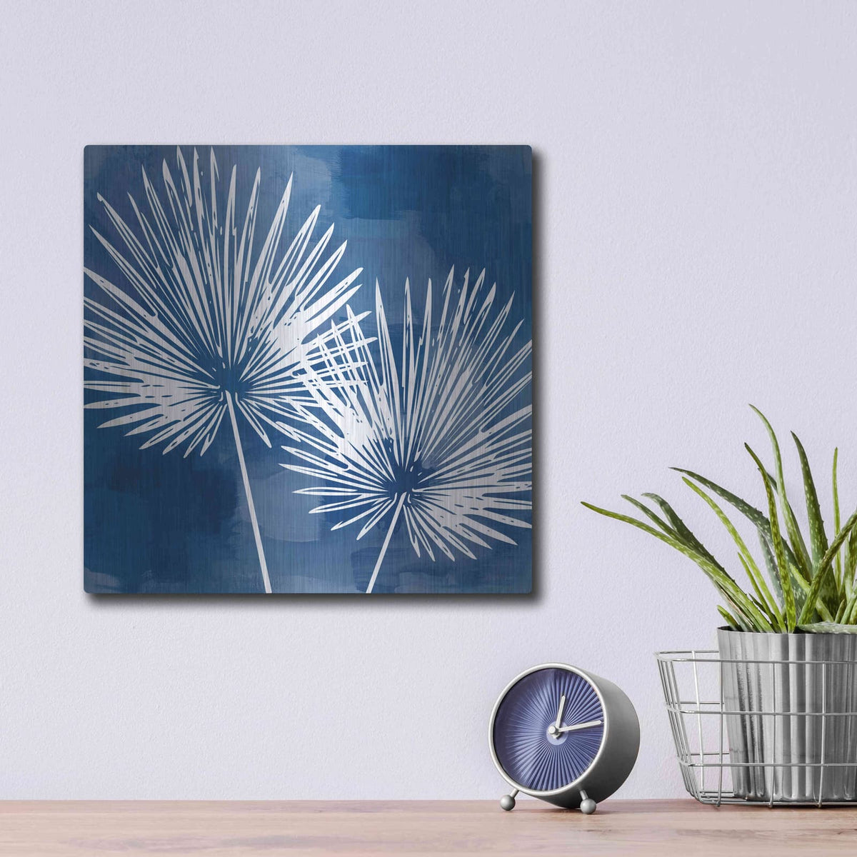 'Painted Sky Palms' by Linda Woods – Metal Wall Art, 12x12 room view