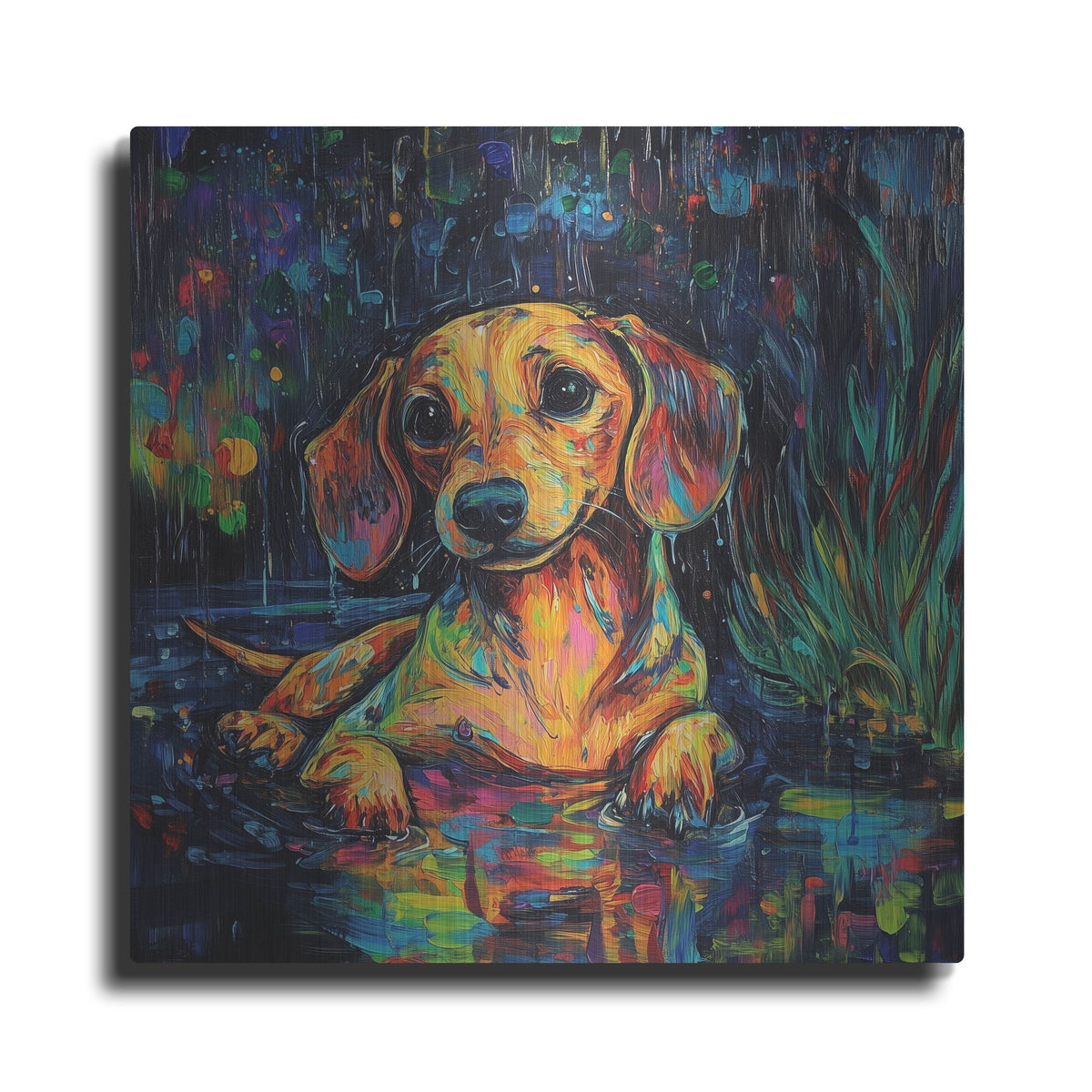 'Dachshund In The Rain' by Rich Monet Metal Wall Art