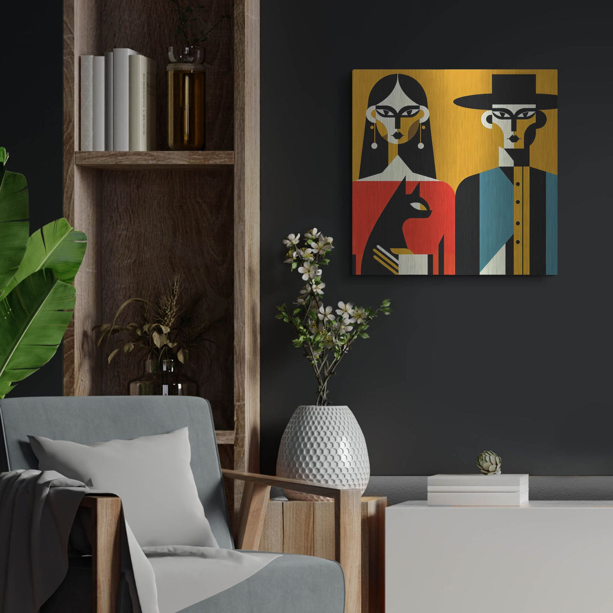 'Happy Couple And Cat' by Rich Monet Metal Wall Art