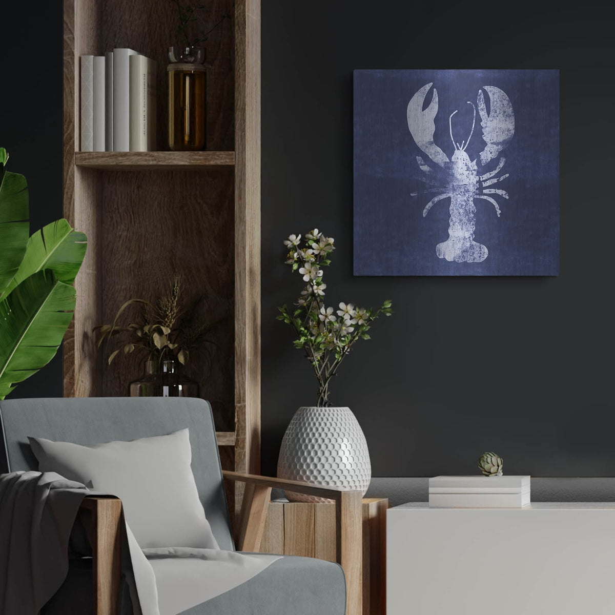 'Indigo Lobster' by Linda Woods – Metal Wall Art, 24x24 room view