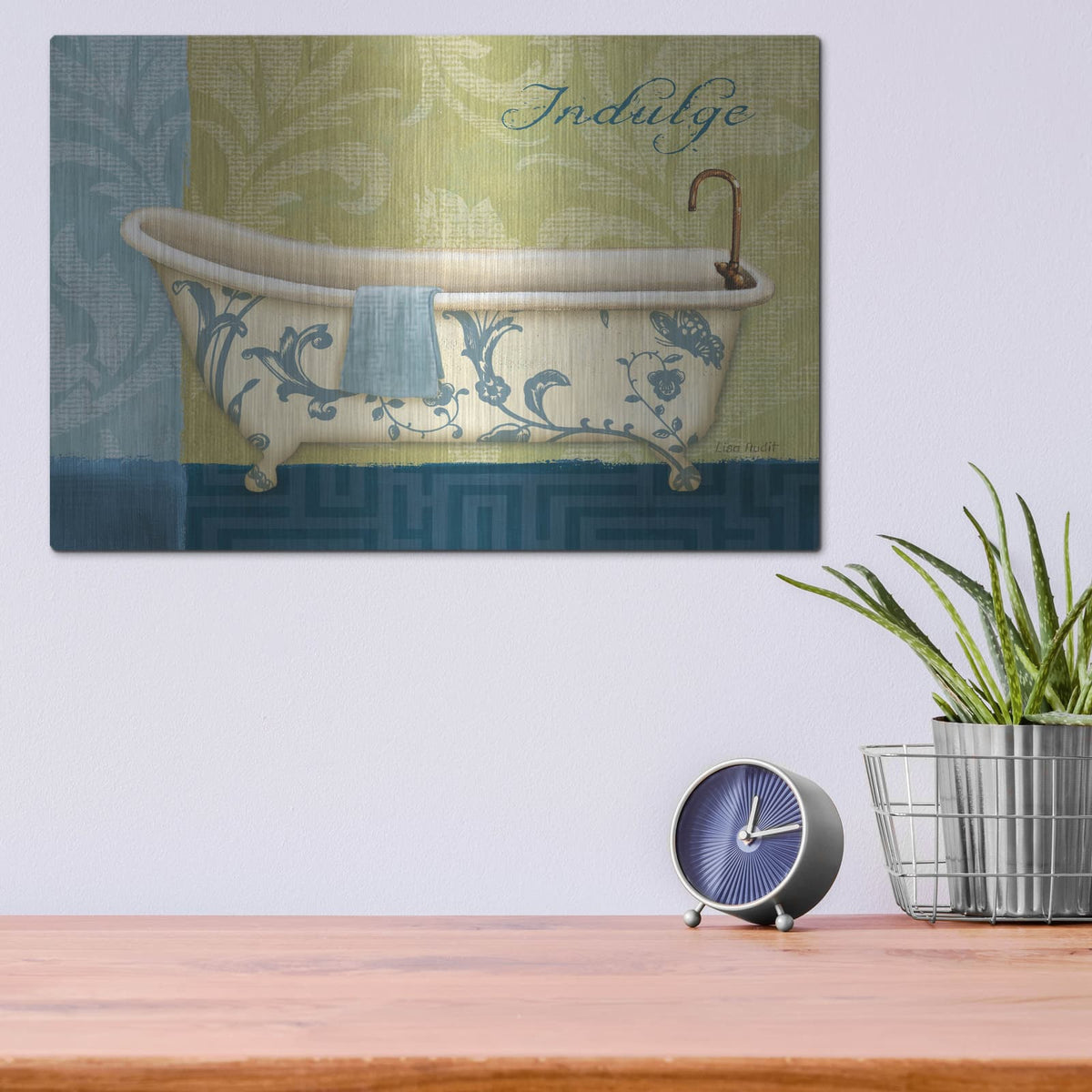 'Blue Botanical Bath I' by Lisa Audit – Metal Wall Art, 16x12 room view