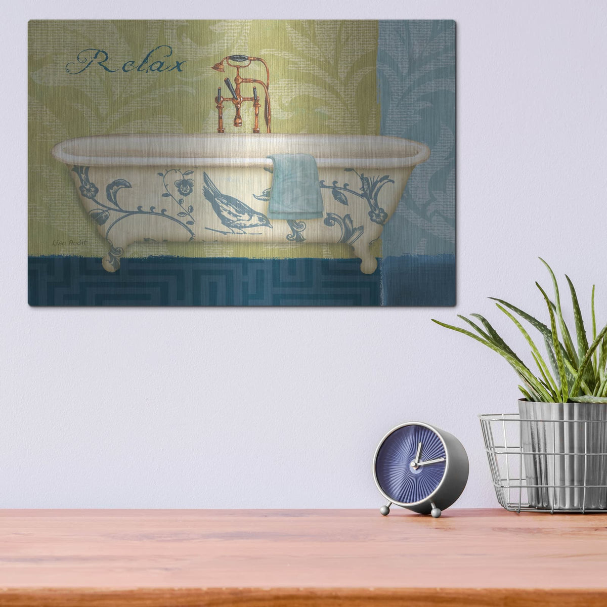 'Blue Botanical Bath II' by Lisa Audit – Metal Wall Art, 16x12 room view