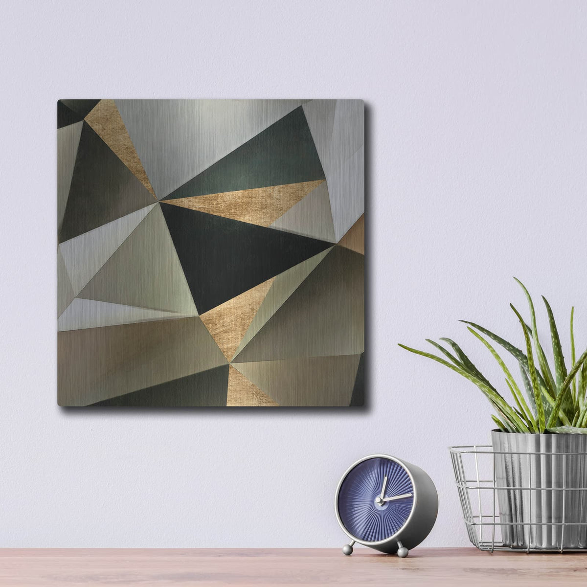 'Gold Polygon Wall 2' by Alonzo Saunders – Metal Wall Art, 12x12 room view