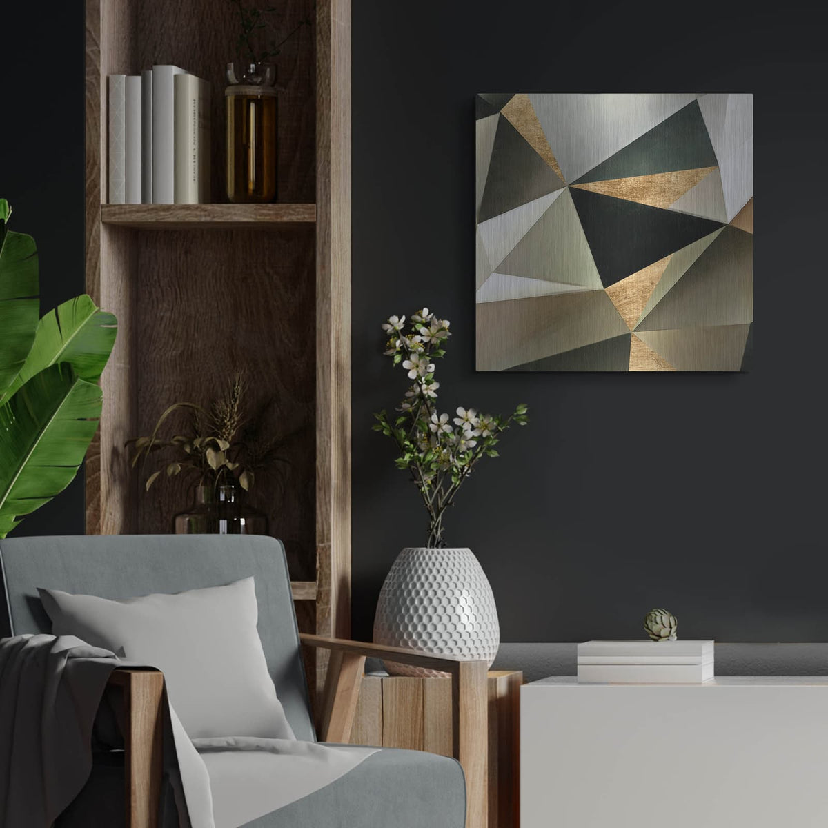 'Gold Polygon Wall 2' by Alonzo Saunders – Metal Wall Art, 24x24 room view