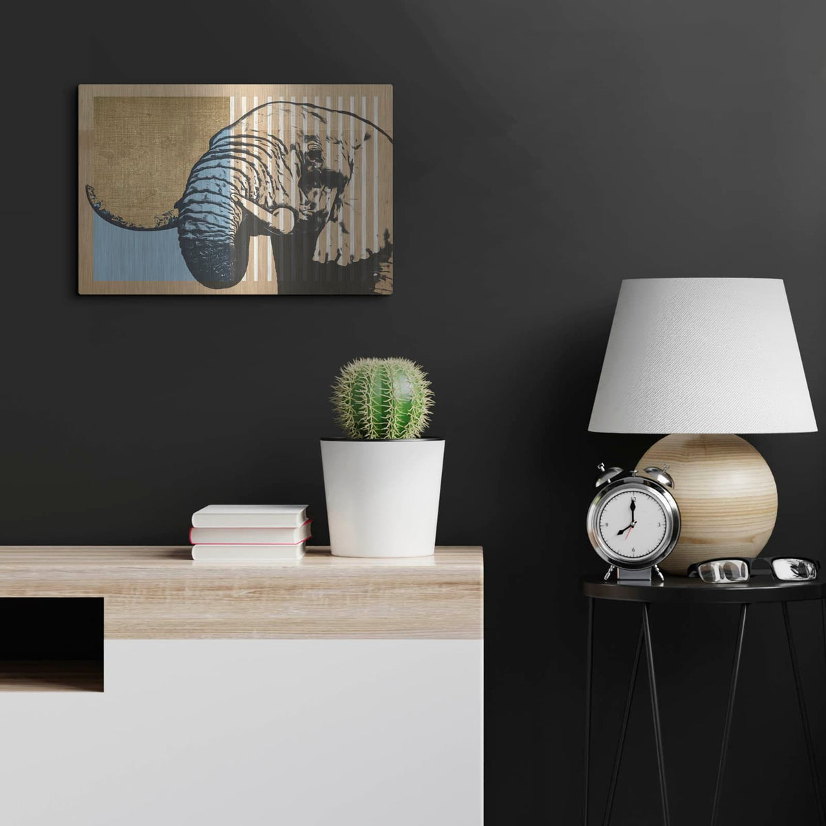 'Gold Geometric Elephant 2' by Alonzo Saunders – Metal Wall Art, 24x16 room view