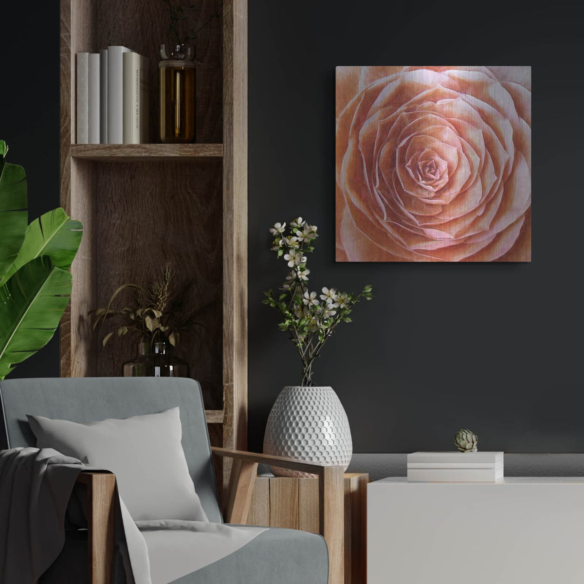 'Soft Wall Flower X3' by Alonzo Saunders – Metal Wall Art, 24x24 room view