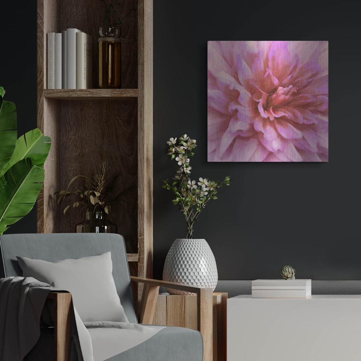 'Soft Wall Flower X' by Alonzo Saunders – Metal Wall Art, 24x24 room view