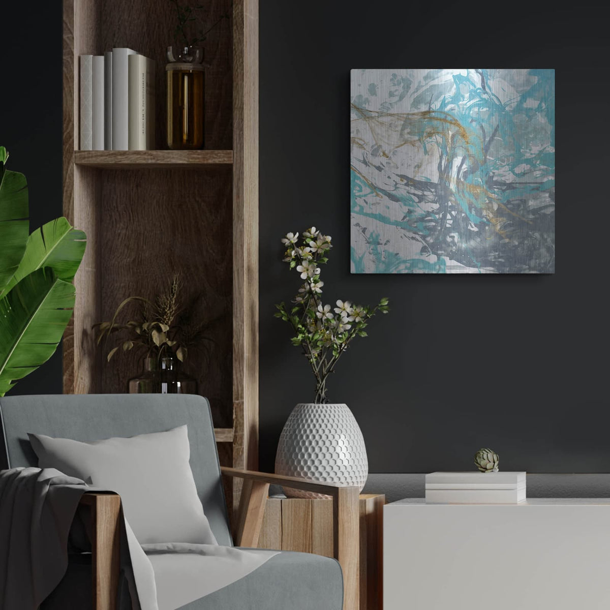 'Blue Sea Foam 1' by Alonzo Saunders – Metal Wall Art, 24x24 room view