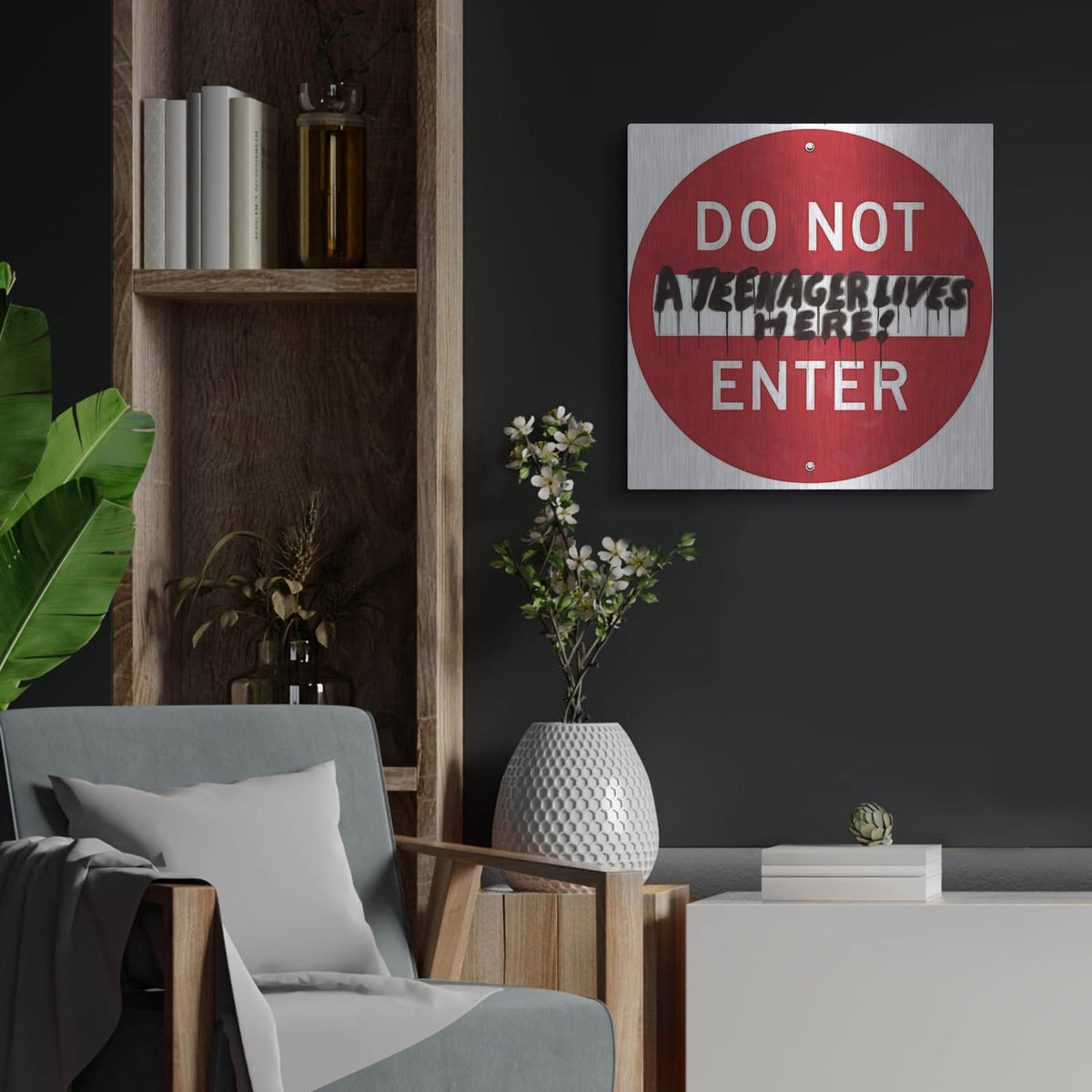 'Graffiti Sign 7' by Alonzo Saunders – Metal Wall Art, 24x24 room view