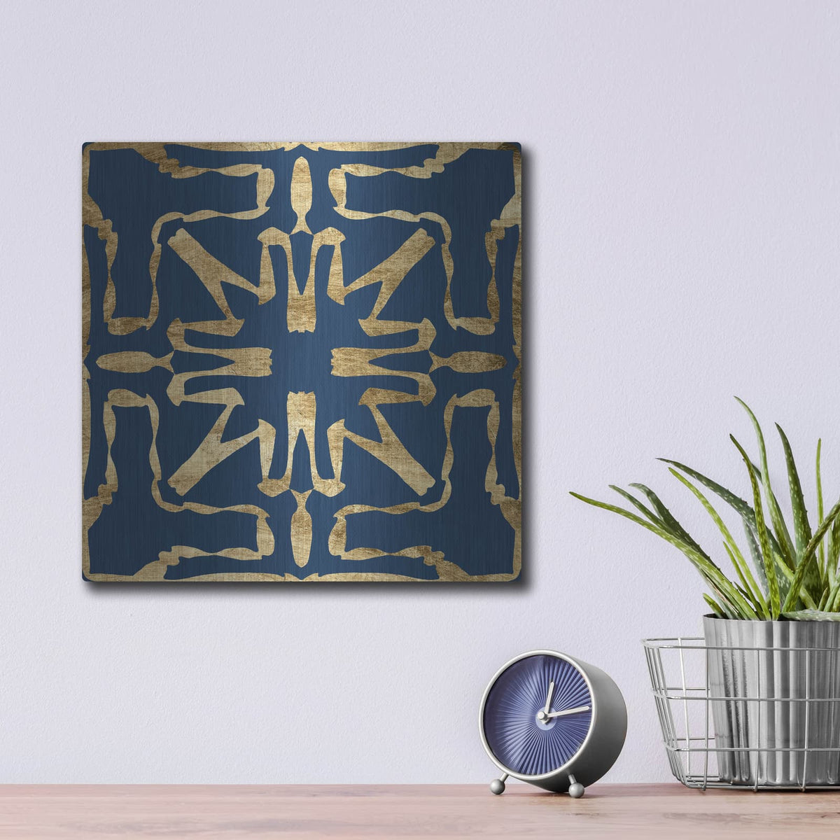 'Motif On Blue 7' by Alonzo Saunders – Metal Wall Art, 12x12 room view