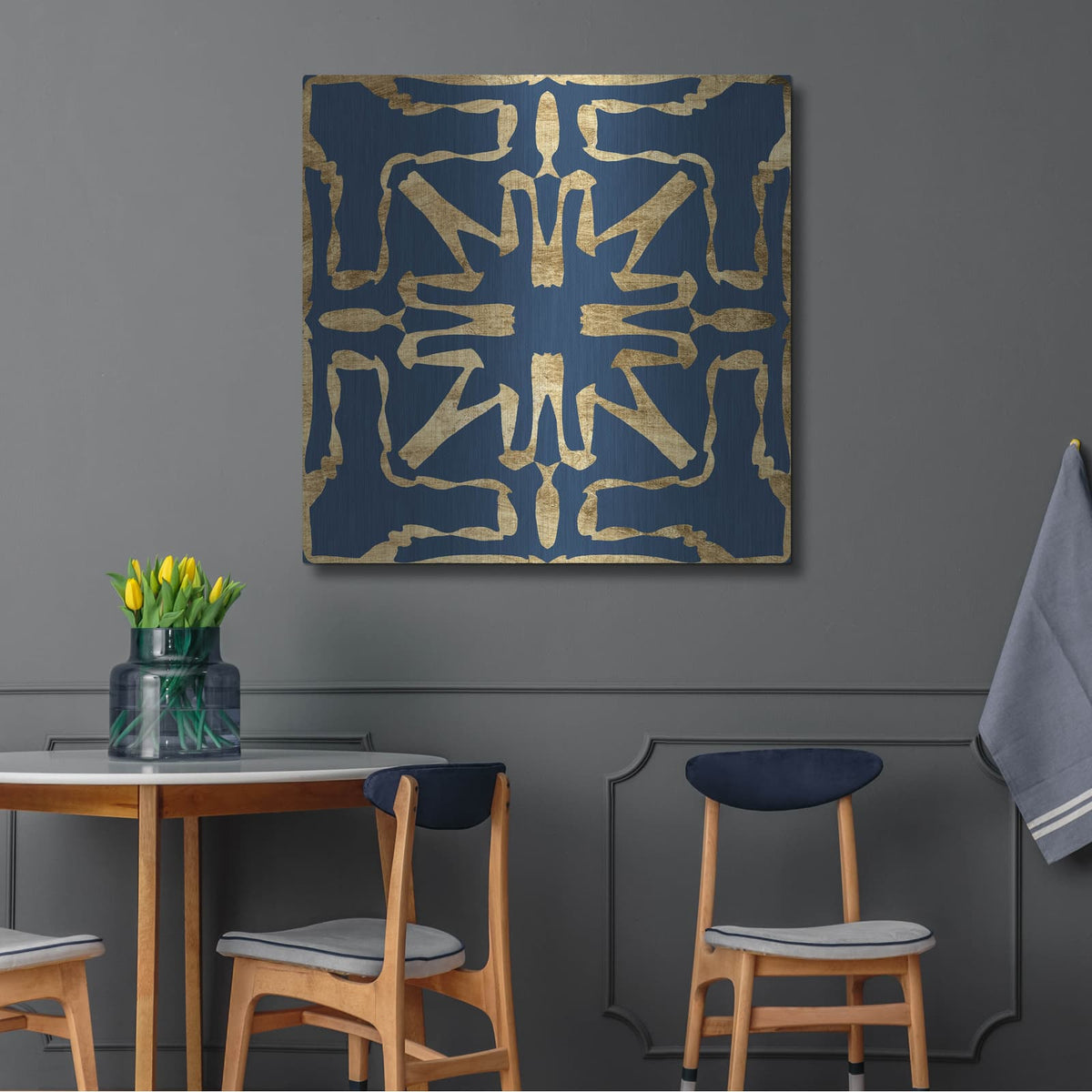 'Motif On Blue 7' by Alonzo Saunders – Metal Wall Art, 36x36 room view