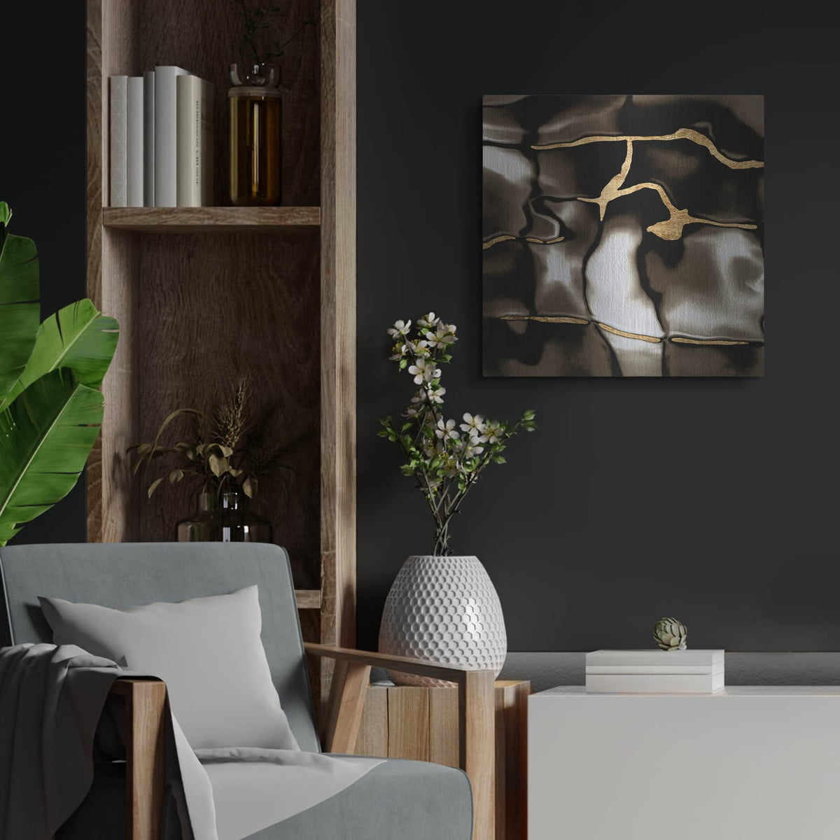 'Golden Shimmer 4' by Alonzo Saunders – Metal Wall Art, 24x24 room view