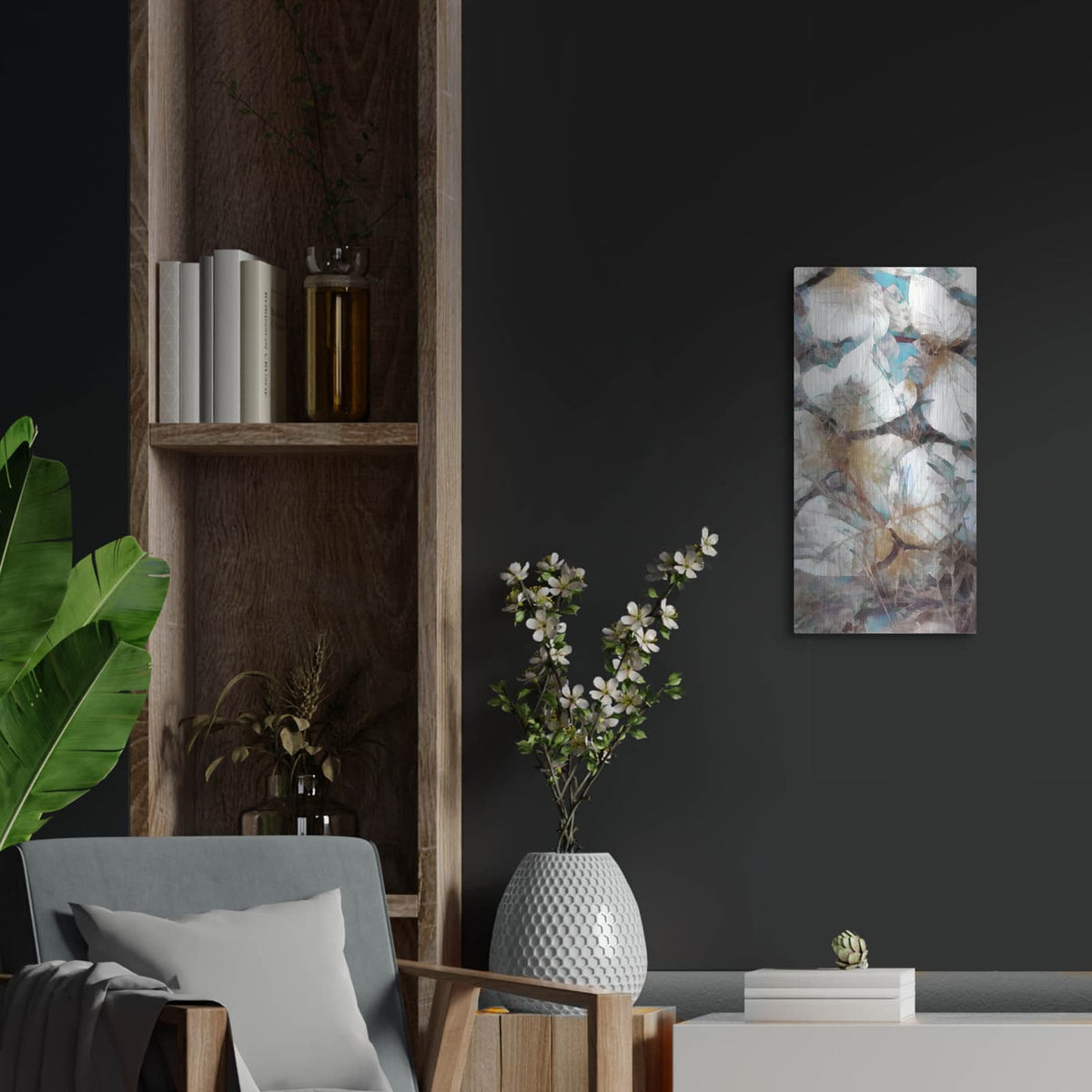 'Neutral Summer Leaves 4' by Alonzo Saunders – Metal Wall Art, 12x24 room view