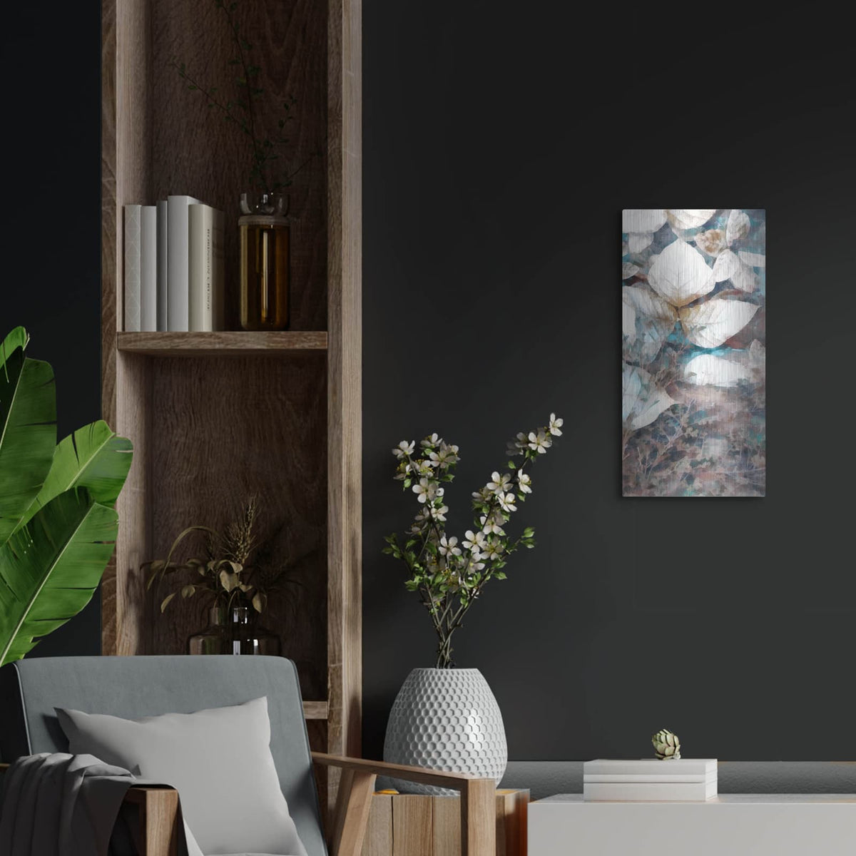 'Neutral Summer Leaves 5' by Alonzo Saunders – Metal Wall Art, 12x24 room view