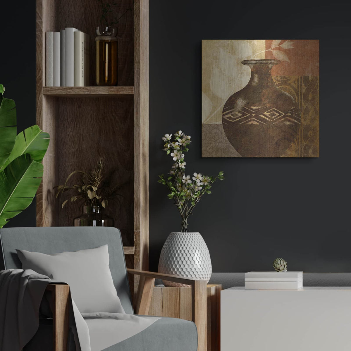 'Ethnic Vase 3' by Alonzo Saunders – Metal Wall Art, 24x24 room view