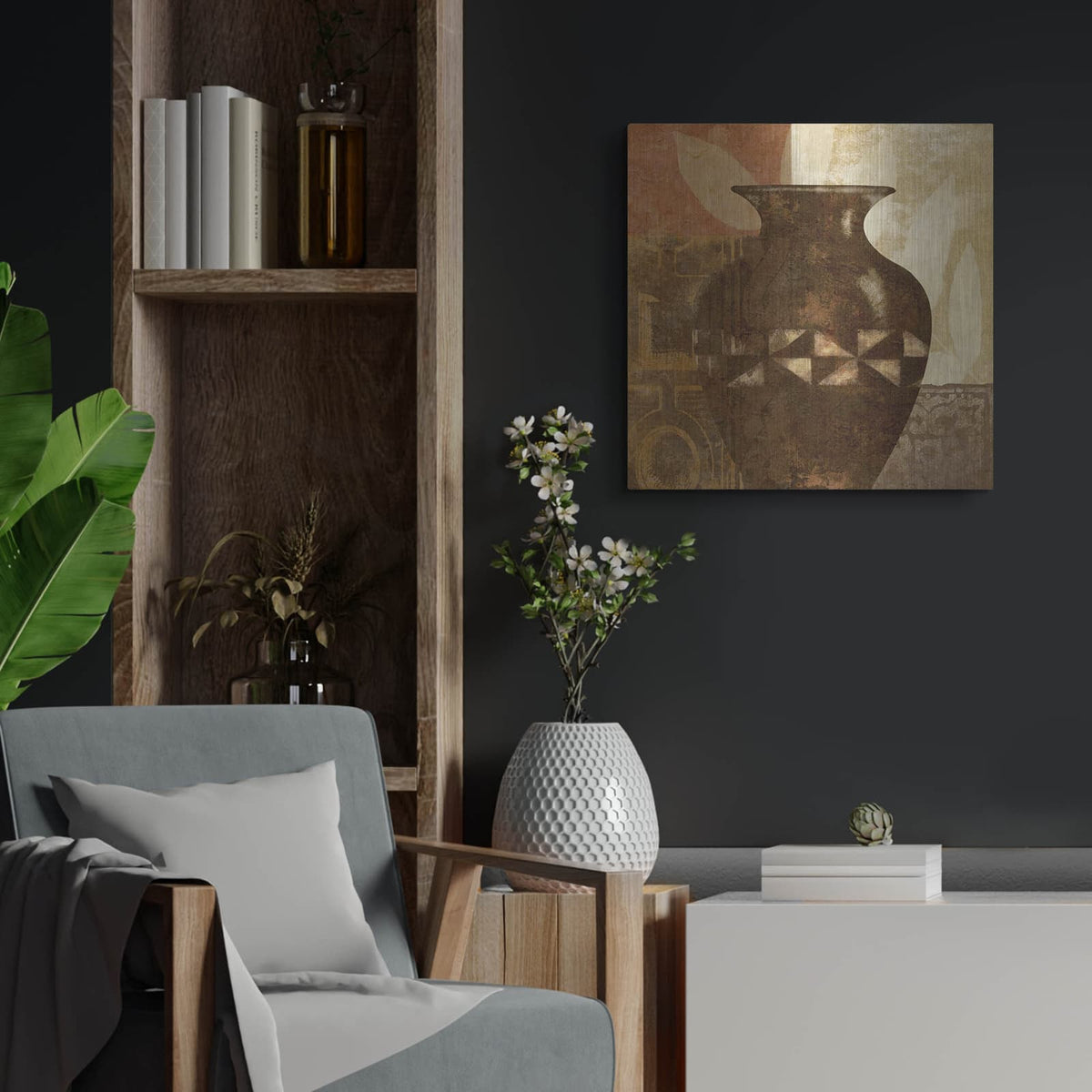 'Ethnic Vase 4' by Alonzo Saunders – Metal Wall Art, 24x24 room view
