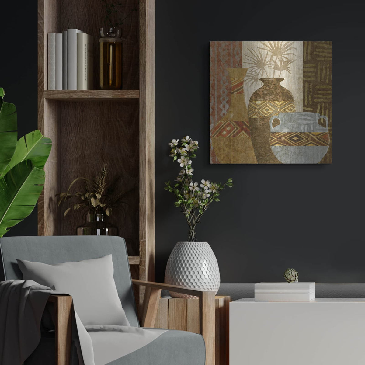 'Ethnic Vase 5' by Alonzo Saunders – Metal Wall Art, 24x24 room view