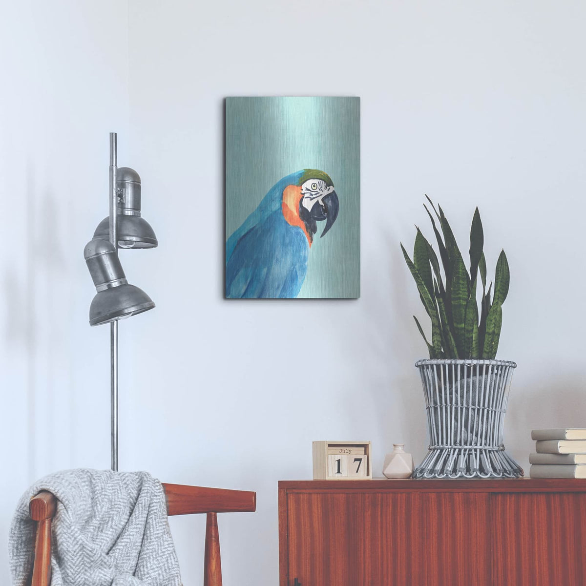 'Exotic Bird On Blue 1' by Annie Warren – Metal Wall Art, 16x24 room view