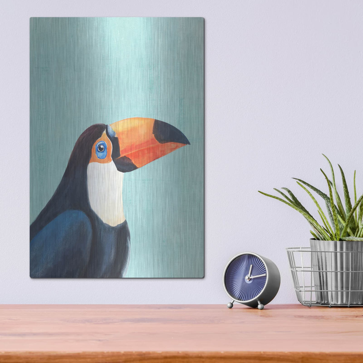 'Exotic Bird On Blue 2' by Annie Warren – Metal Wall Art, 12x16 room view