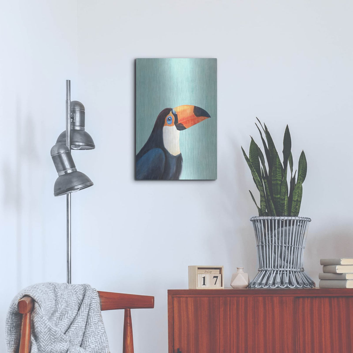 'Exotic Bird On Blue 2' by Annie Warren – Metal Wall Art, 16x24 room view