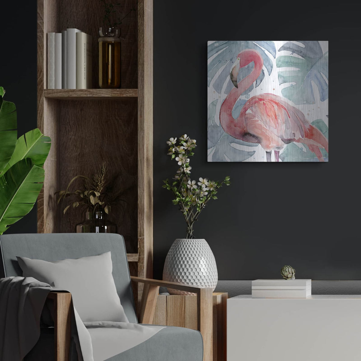 'Flamingo Splash 2' by Annie Warren – Metal Wall Art, 24x24 room view