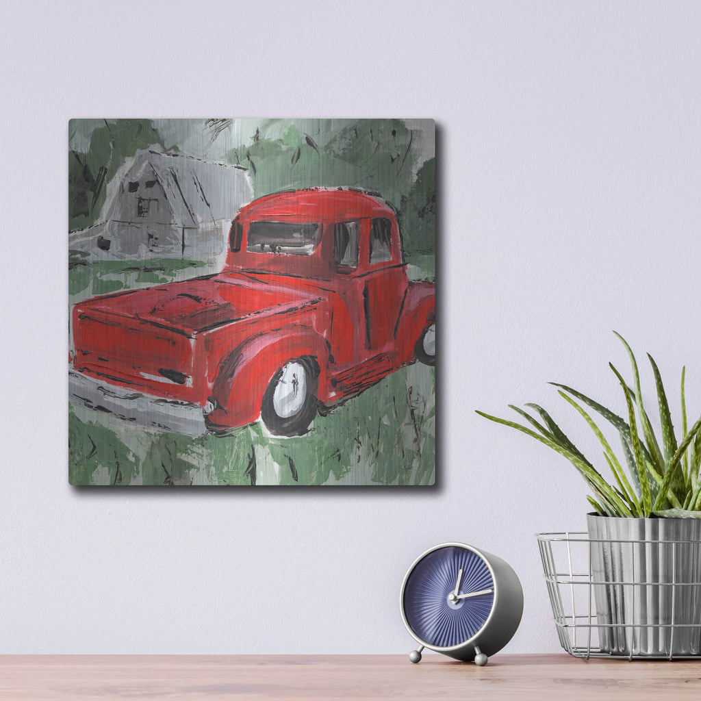 'Big Red Truck 1' by Annie Warren – Metal Wall Art, 12x12 room view