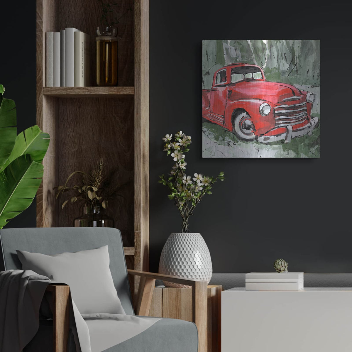 'Big Red Truck 3' by Annie Warren – Metal Wall Art, 24x24 room view