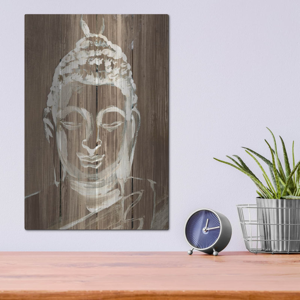 'Buddha On Wood 2' by Annie Warren – Metal Wall Art, 12x16 room view
