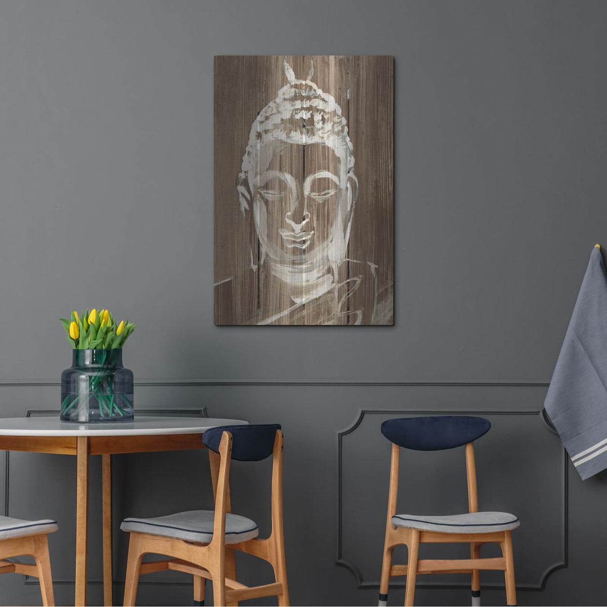 'Buddha On Wood 2' by Annie Warren – Metal Wall Art, 24x36 room view