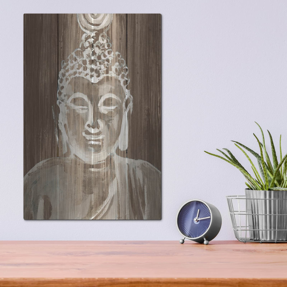 'Buddha On Wood 4' by Annie Warren – Metal Wall Art, 12x16 room view