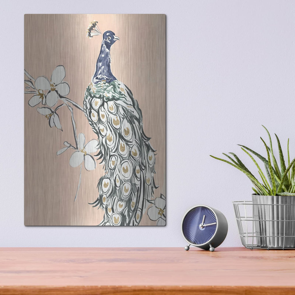 'Peacock In Gold 3' by Annie Warren – Metal Wall Art, 12x16 room view