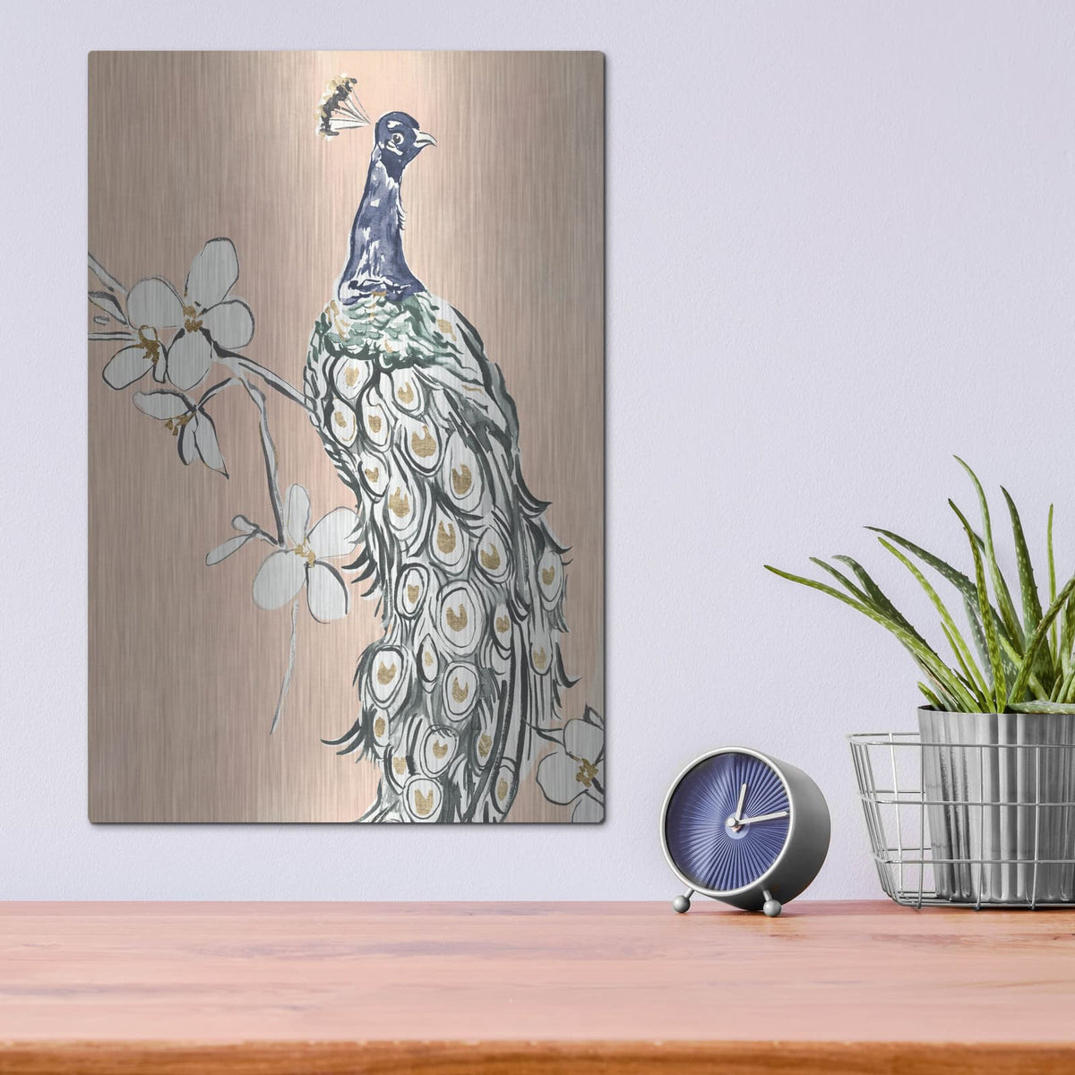 'Peacock In Gold 3' by Annie Warren – Metal Wall Art, 12x16 room view