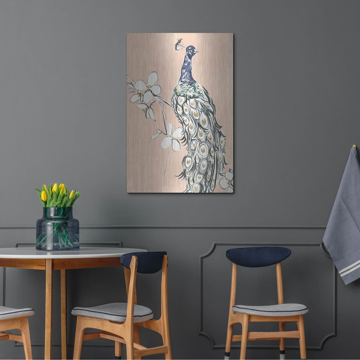 'Peacock In Gold 3' by Annie Warren – Metal Wall Art, 24x36 room view