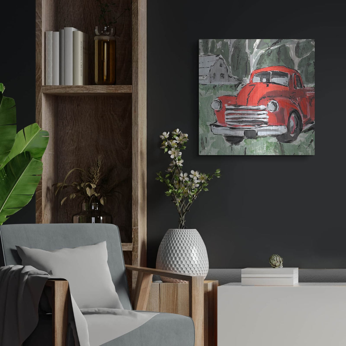 'Big Red Truck 4' by Annie Warren – Metal Wall Art, 24x24 room view