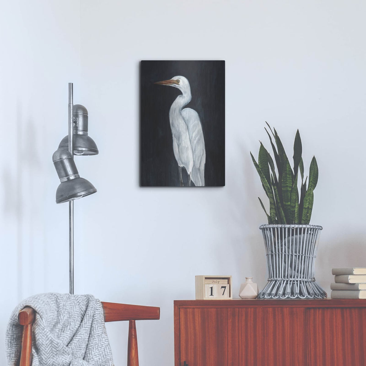'Calm Great Egret 1' by Annie Warren – Metal Wall Art, 16x24 room view