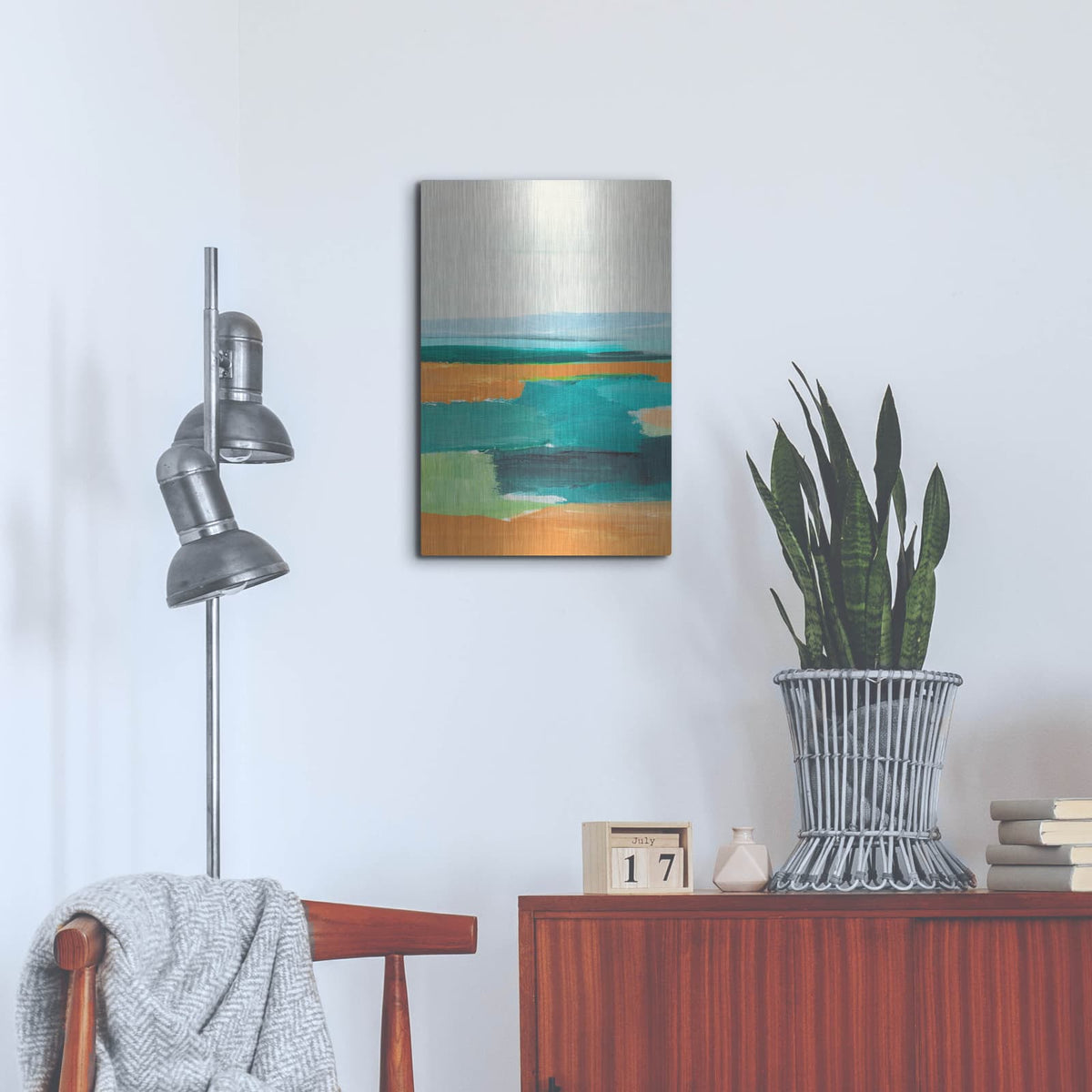 'Aqua And Orange 1' by Annie Warren – Metal Wall Art, 16x24 room view